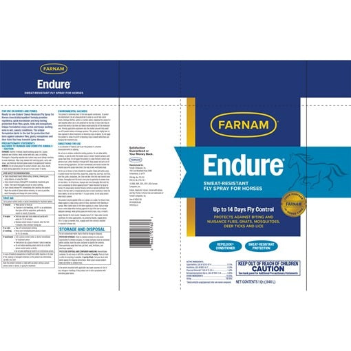 View of the label for the Farnam Endure Sweat-Resistant Fly Spray on a white background