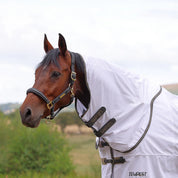 Angled side view of bay horse standing outside wearing the Shires Tempest Original Fly Neck Cover in white