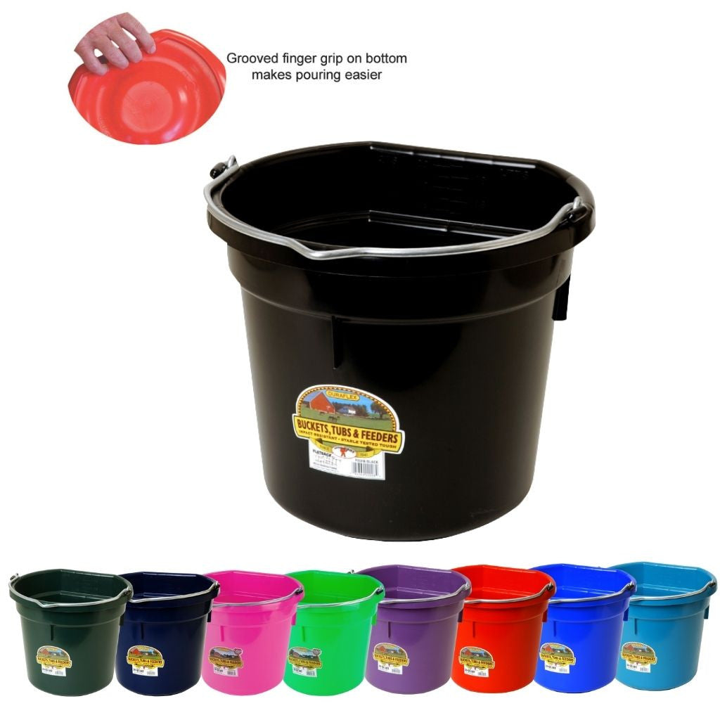 View of assorted colors of the 20 qt Little Giant Duraflex Flat Back Bucket on a white background