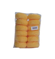 View of a package of 12 round yellow tack sponges stacked in 2 columns on a white background