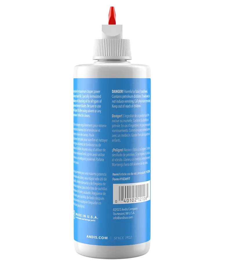 Back view of a bottle of Andis Clipper Oil on a white background