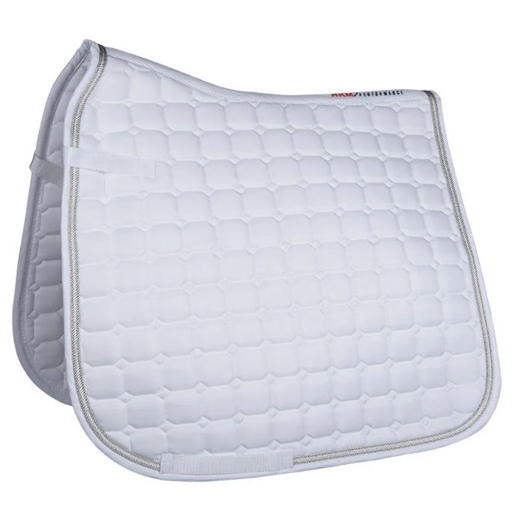 Side view of the white HKM Louise Dressage Saddle Pad on a white background