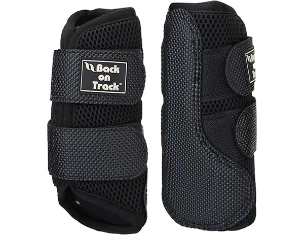 Side-by-side front and back views of the Back On Track 3D Mesh Brushing Boots on a white background