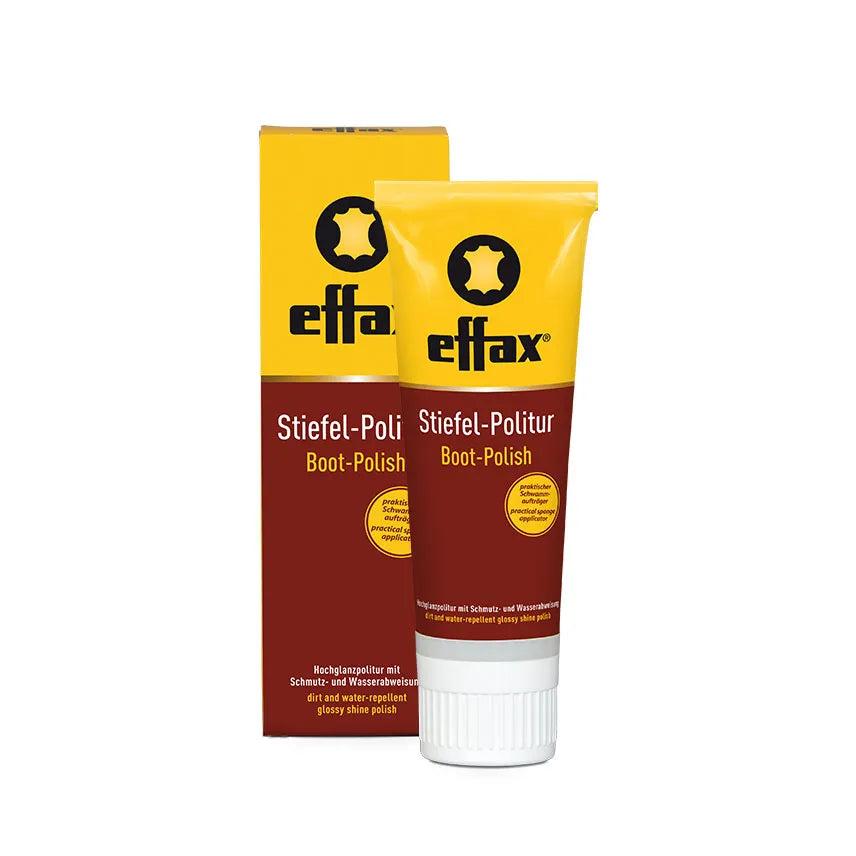 Front view of a bottle of the Effax Boot Polish in front of the original packaging box on a white background