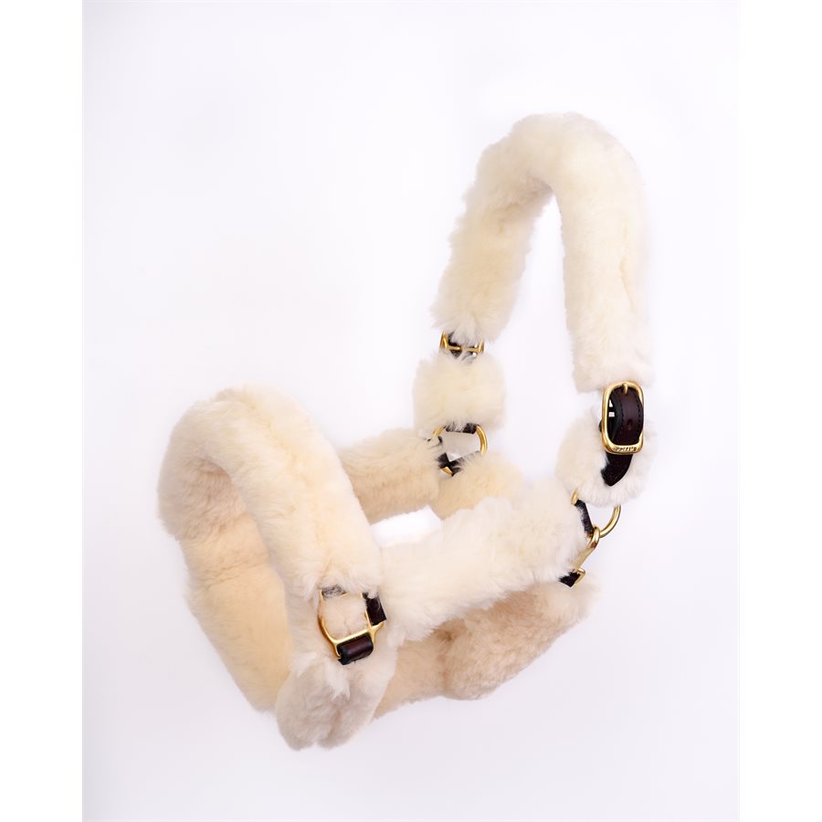 Angled front view of the Perri's Natural Sheepskin Shipping Halter on a white background