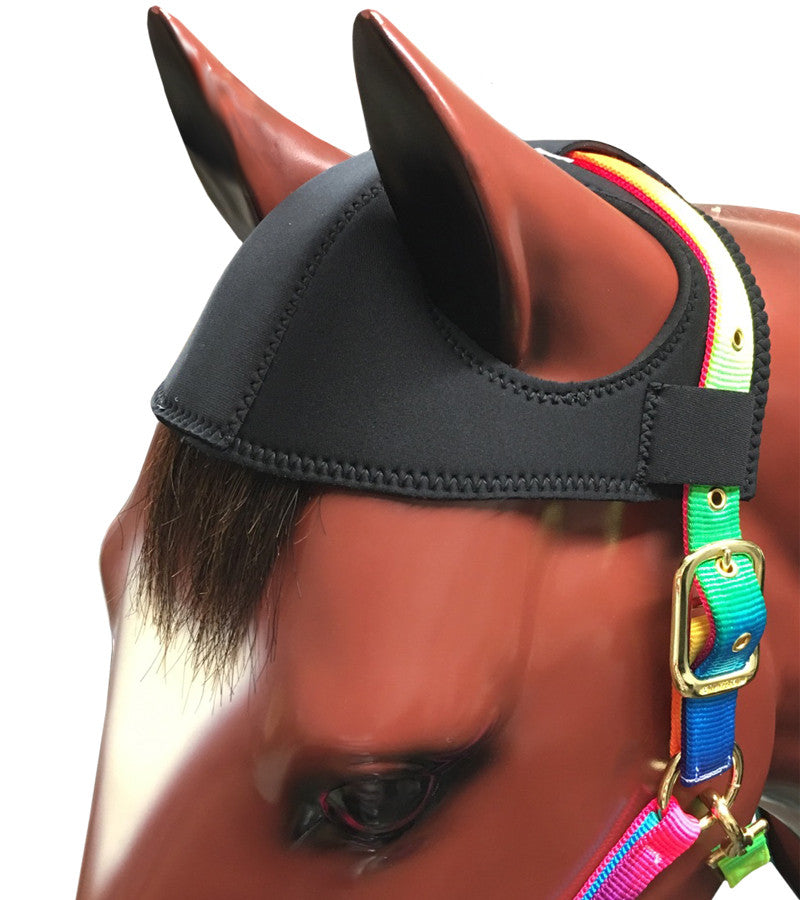 Angled front view of a fiberglass horse wearing the black Neoprene Head Bumper on a white background