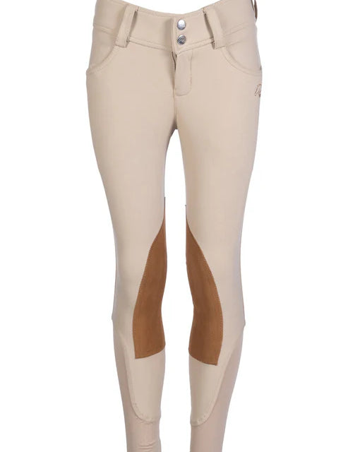 Front view of the HKM Kids Hunter Alos Knee Patch Breeches in tan