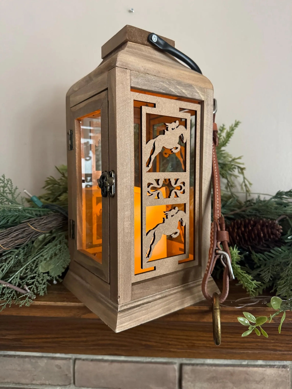 Angled front view of the jumping All Designs Equine Horse Lantern sitting on a mantle
