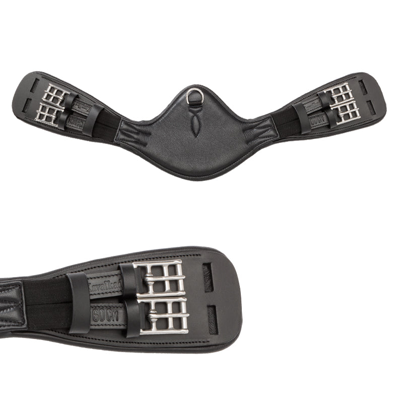 Side-by-side overall and close-up views of the black Kavalkade Soft Casper Short Girth on a white background