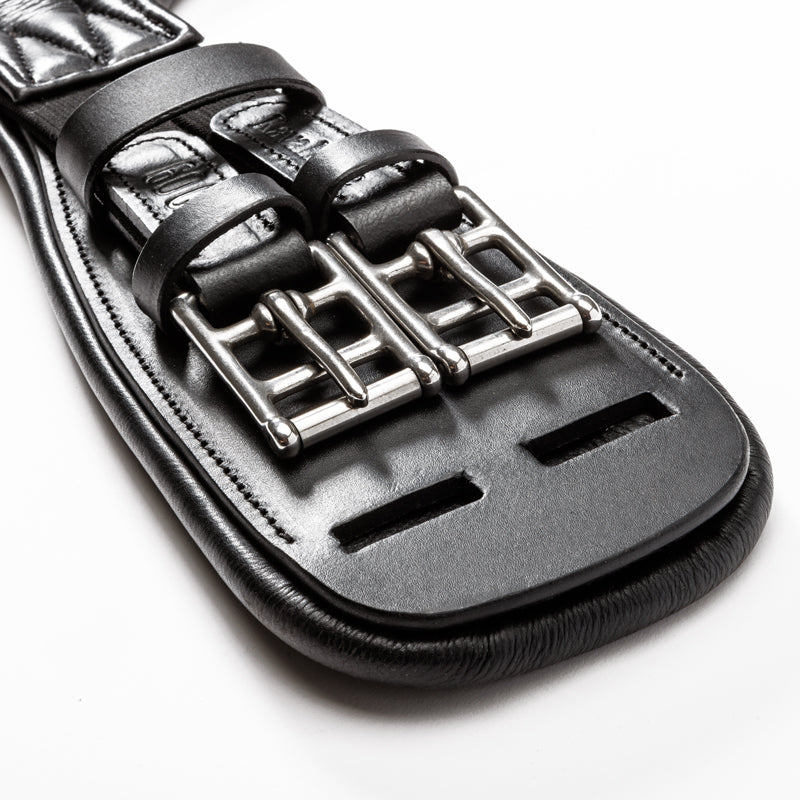 Close-up view of the buckles on the black Kavalkade Soft Casper Short Girth on a white background