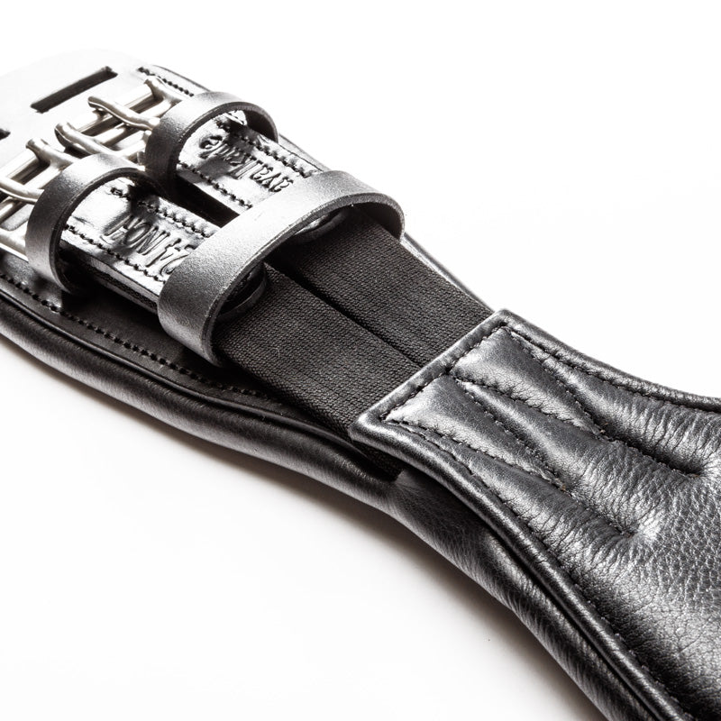 Close-up view of the elastics on the black Kavalkade Soft Casper Short Girth on a white background