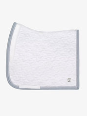 Side view of the white PS of Sweden Crystal Satin Dressage Saddle Pad on a white background