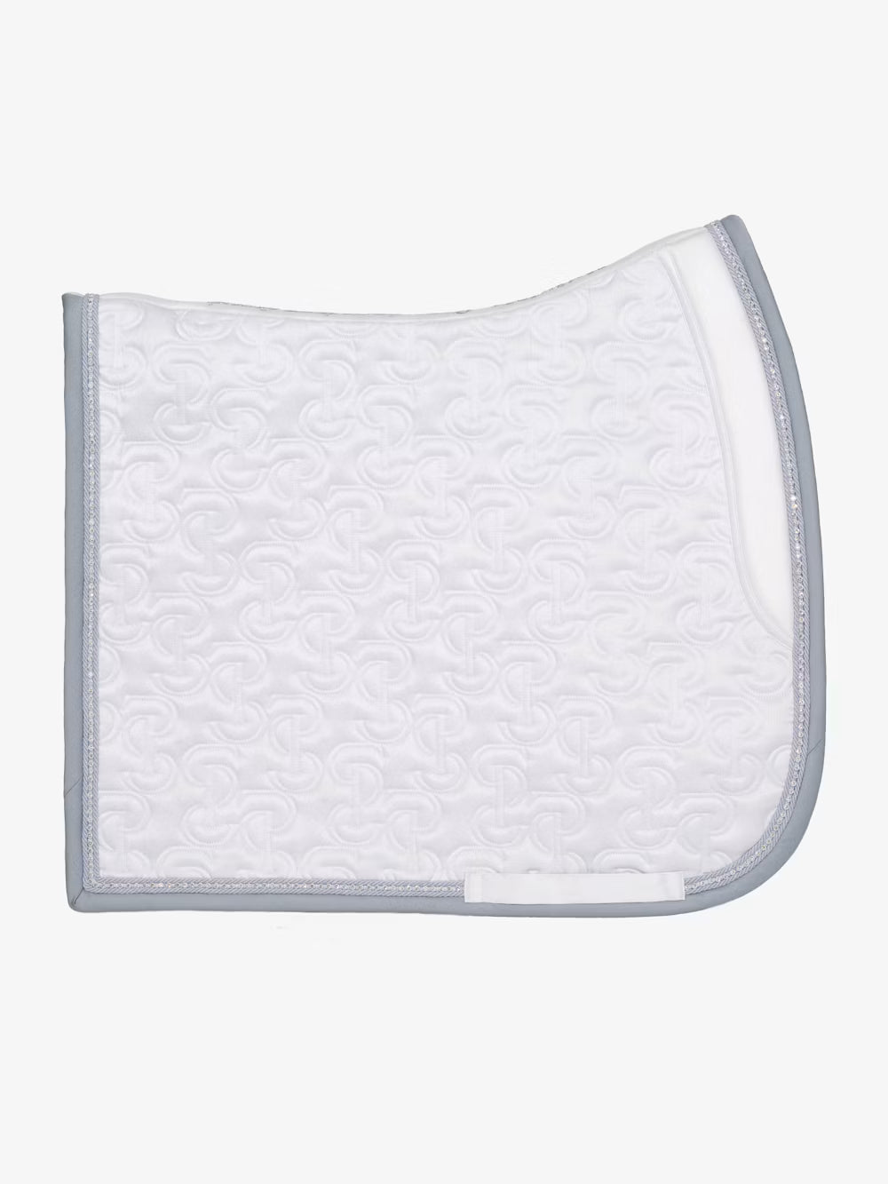 Side view of the white PS of Sweden Crystal Satin Dressage Saddle Pad on a white background