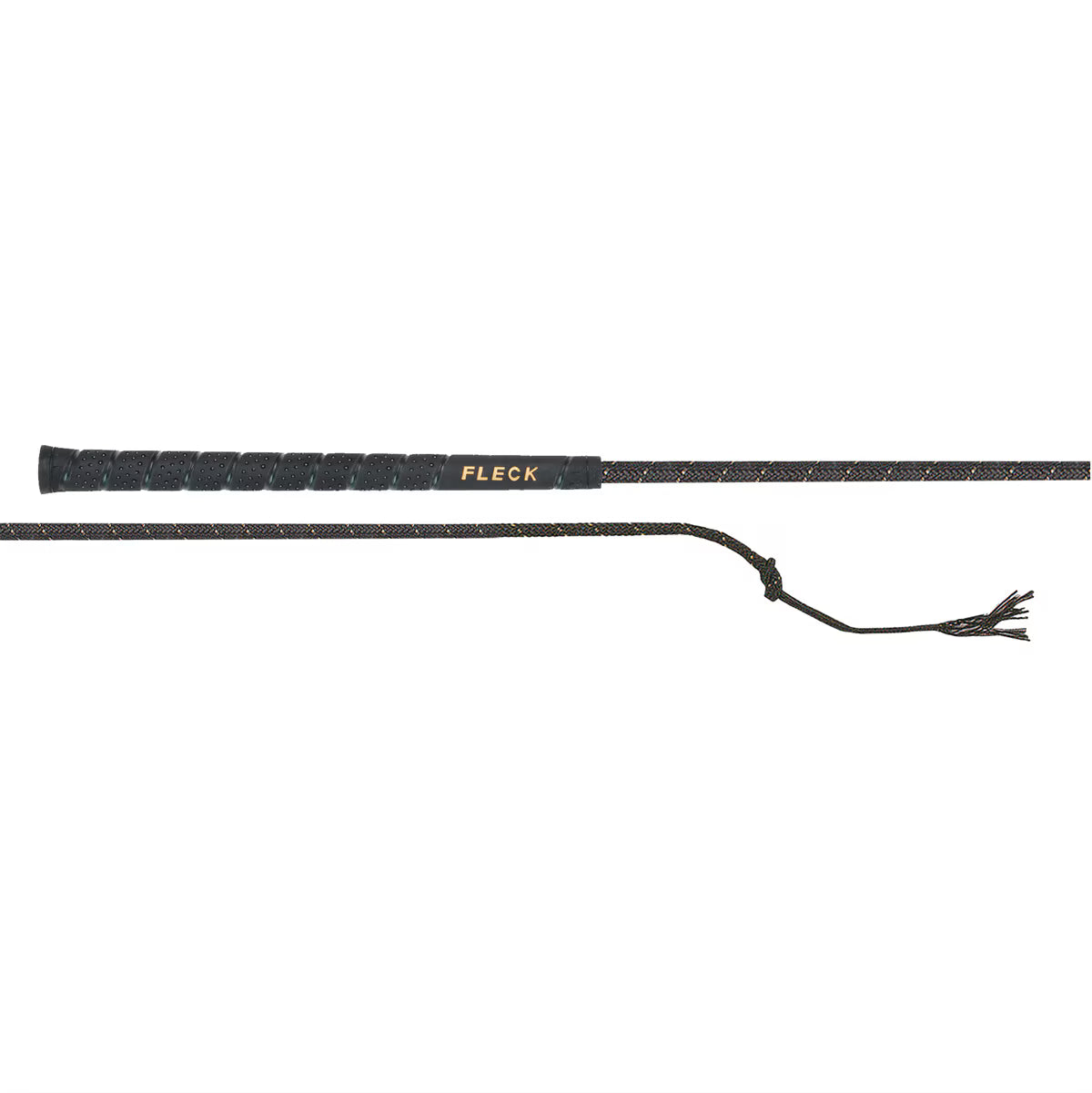 View of the handle and lash on the Fleck Superflex Dressage Whip on a white background