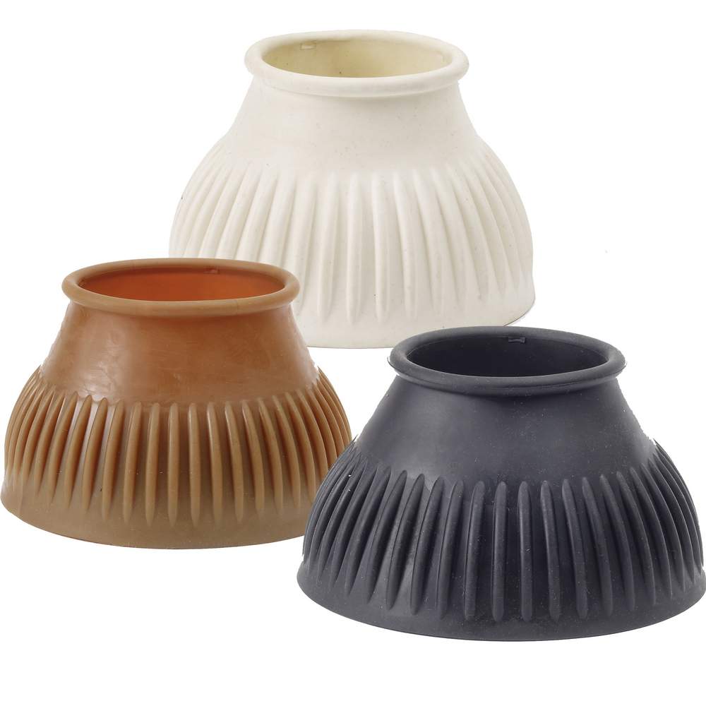 View of a black, a gum, and a white Equi-Essentials Economy Ribbed Bell Boot on a white background
