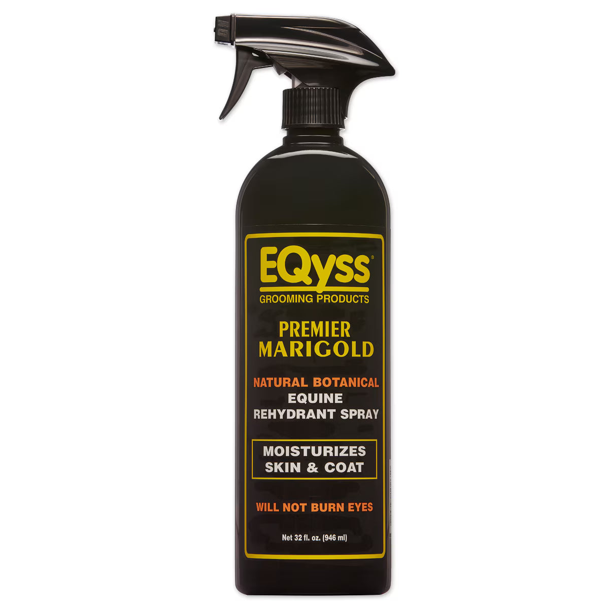 Front view of a 32 oz bottle of EQyss Premier Marigold Rehydrant Spray on a white background