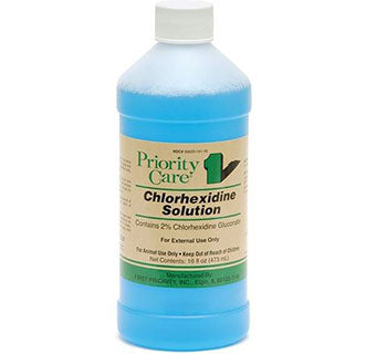 Front view of a 16 oz bottle of Chlorehexidine Solution 2% on a white background