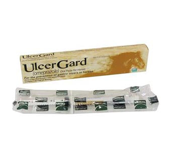 Front view of a tube of UlcerGard in plastic in front of its box packaging