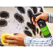 Close-up view of someone applying the Carr & Day & Martin Stain Master Green Spot & Stain Remover to a leopard appaloosa horse