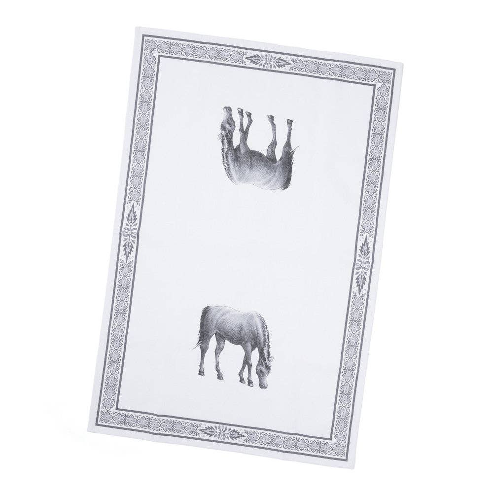 Full view of the Blue Stallion Farm Black & White Rocky Tea Towel on a white background