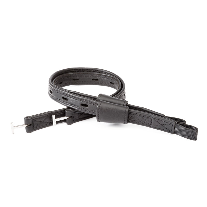 Full view of the black Kavalkade Oiled Dressage Stirrup Leathers on a white background