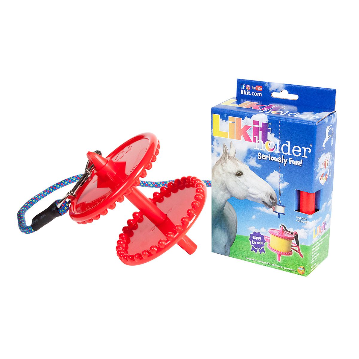 View of the red Likit Holder and original packaging on a white background