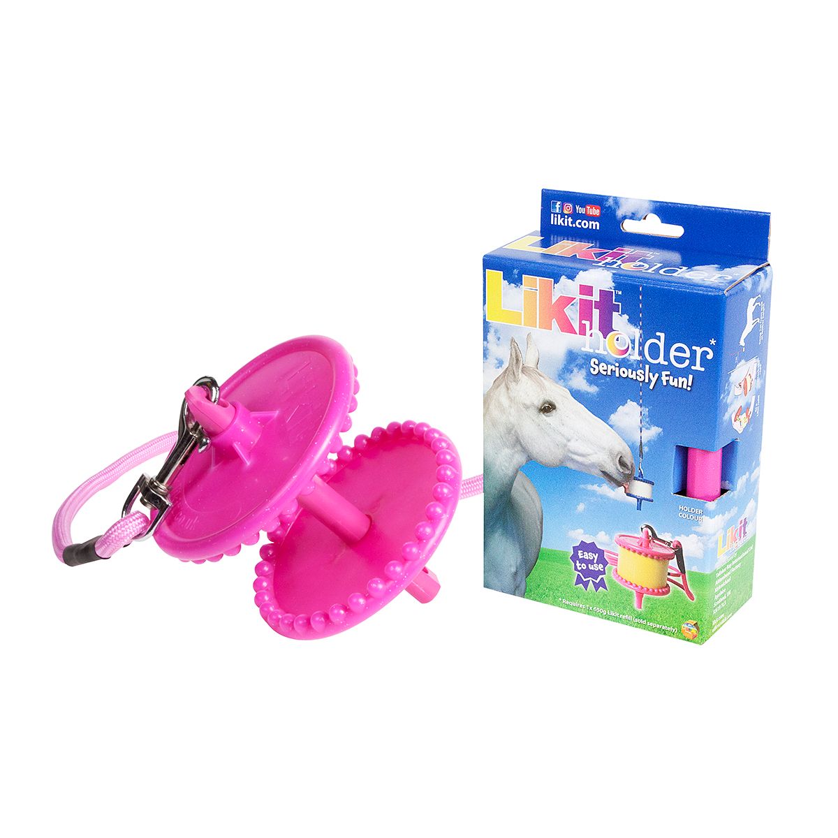 View of the pink Likit Holder and original packaging on a white background