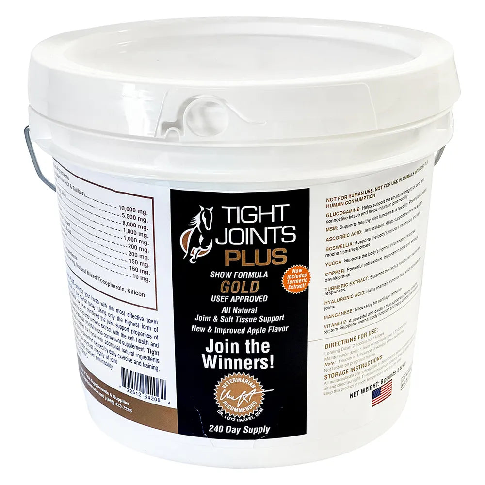 Front view of a 8 lb bucket of Tight Joints Plus Gold Formula on a white background