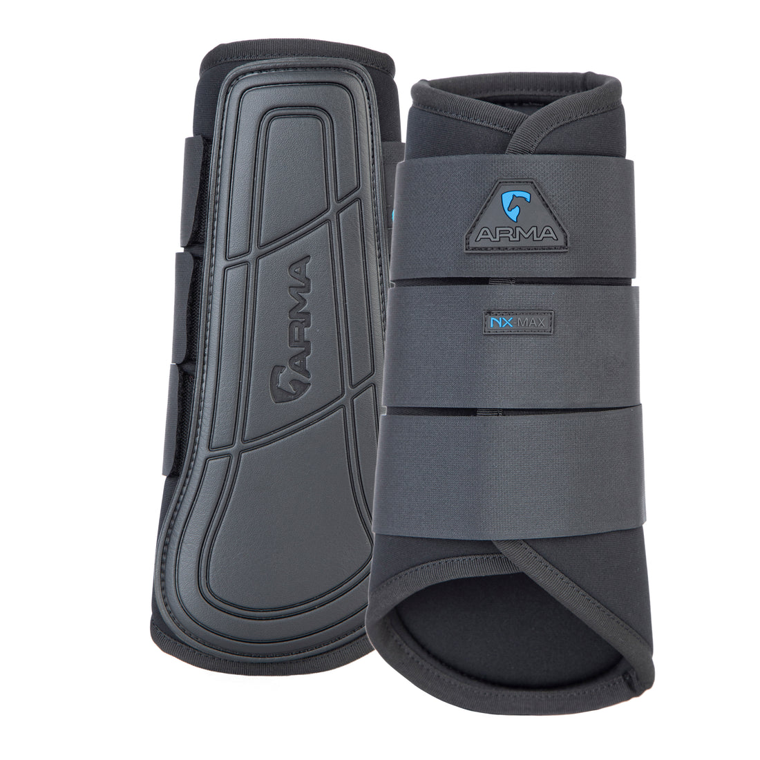 Shires Equestrian ARMA NX-MAX brushing boots in black, pair shown with protective outer shell and wraparound straps