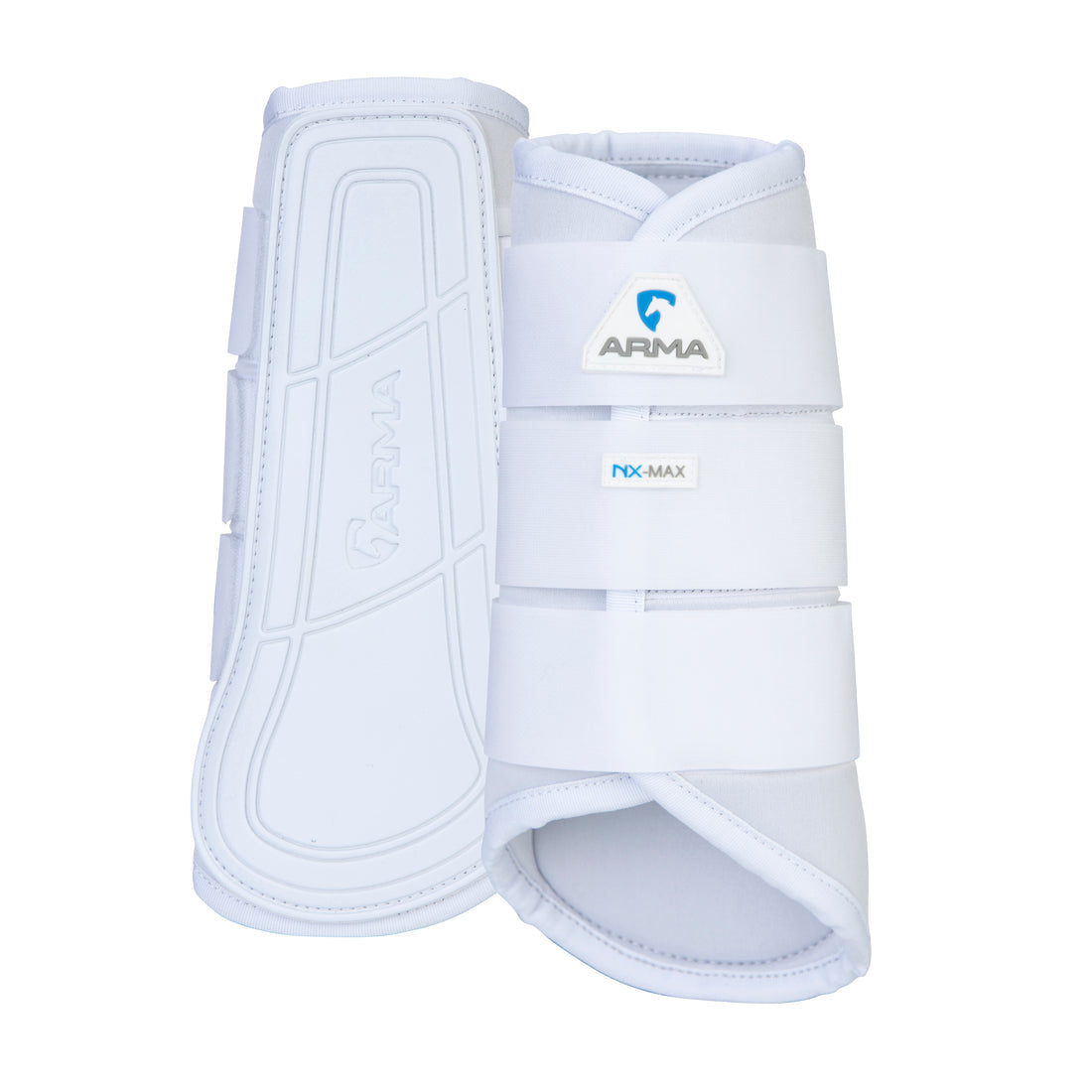 Shires Equestrian ARMA NX-MAX brushing boots in white, pair shown with wraparound straps