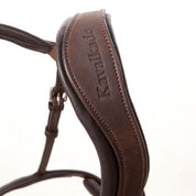 Close-up view of the crown on the brown Kavalkade "EveryDay" Bridle on a white background