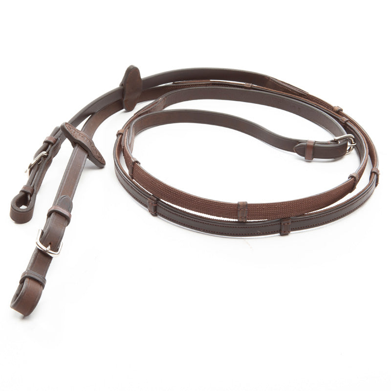 Full view of the reins included with the brown Kavalkade "EveryDay" Bridle on a white background