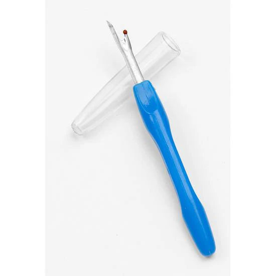 Full view of the blue Equi-Essentials Braid Remover/Seam Ripper with protective cap on a plain background