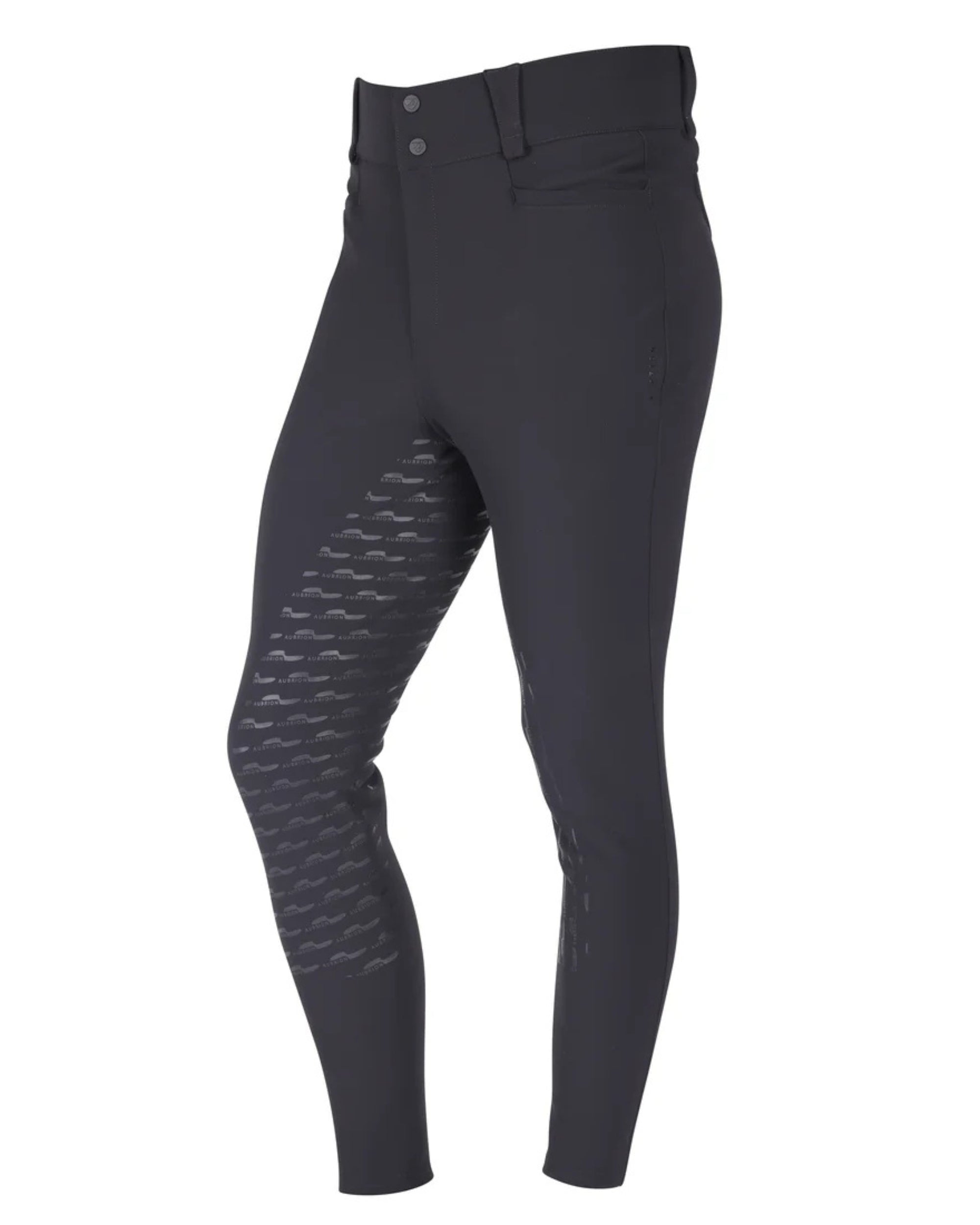 Angled front view of the black Aubrion Men's Optima MX-FG Breeches on a white background