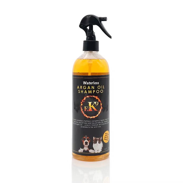 Front view of a 16 oz spray bottle E3 Argan Oil Waterless Shampoo on a white background