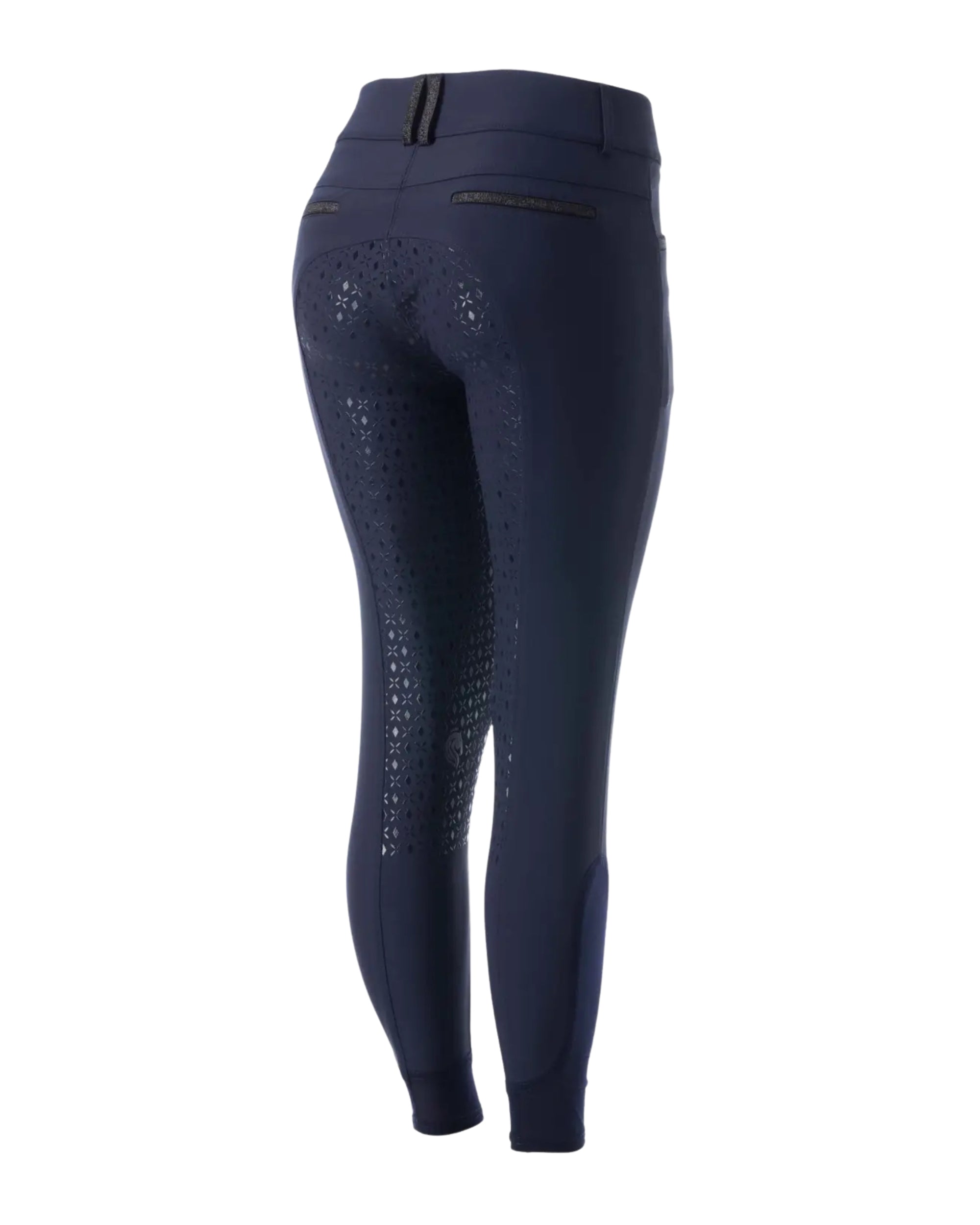 Back view of the Equinavia Kristina Full Seat Breeches in navy on a white background