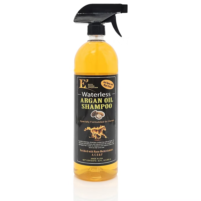 Front view of a 32 oz spray bottle E3 Argan Oil Waterless Shampoo on a white background