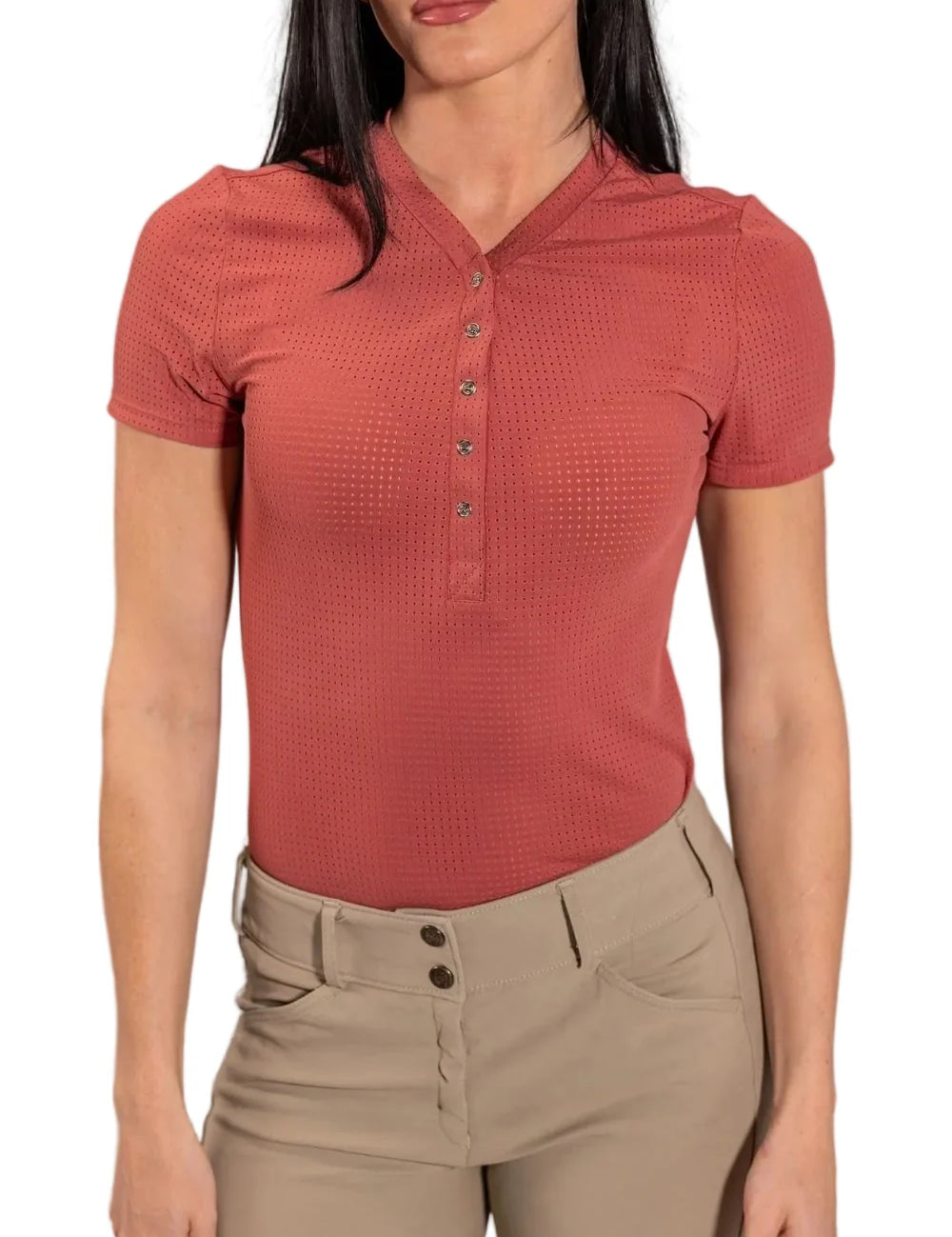 Close-up front view of a female model wearing the raspberry Equisite Naomi Shirt on a white background