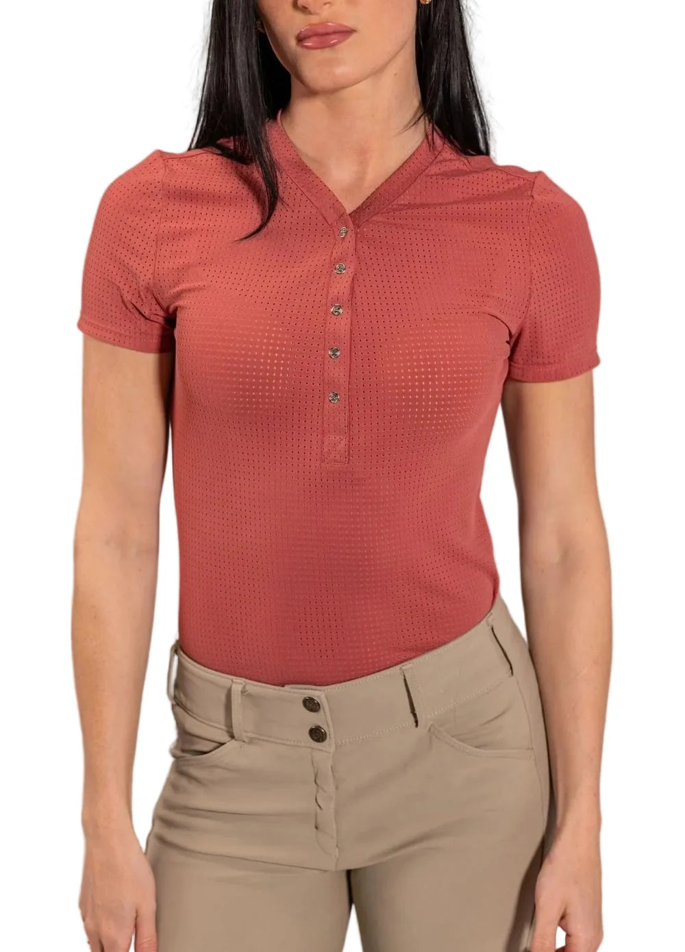 Close-up front view of a female model wearing the raspberry Equisite Naomi Shirt on a white background
