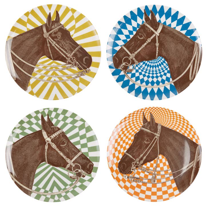 Full view of the ThomasPaul Equestrian Melamine Side Plate Set/4 on a white background