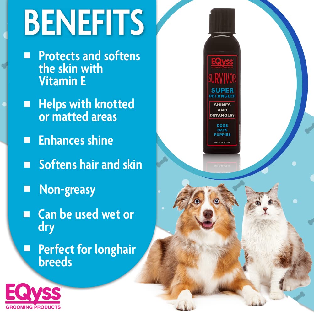 Bottle of detangler shown on a graphic background next to a dog and a cat