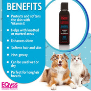 Bottle of detangler shown on a graphic background next to a dog and a cat