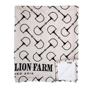 Folded up view of the snaffle Blue Stallion Farm Flannel Fleece Blanket in Leather Holder on a white background
