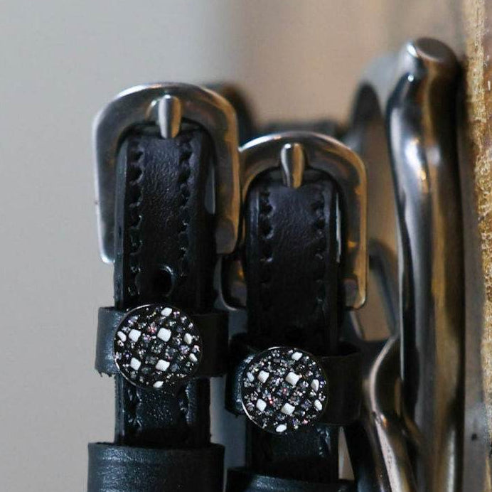 Close-up view of the Disco Ball Mane Jane Spur Straps