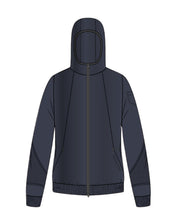 Front view of a designer sketch of the Equestro Women's Technical Hooded Sweatshirt With Micro-Mesh Inserts in navy on white background