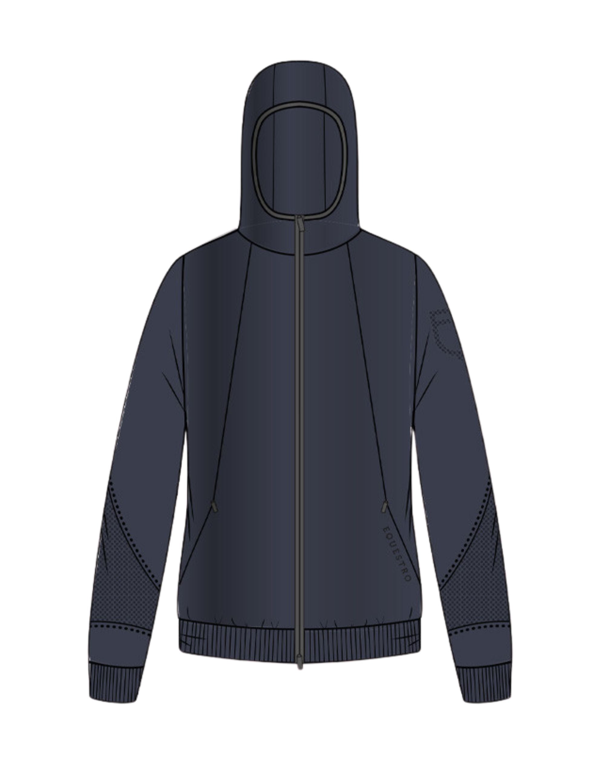 Front view of a designer sketch of the Equestro Women's Technical Hooded Sweatshirt With Micro-Mesh Inserts in navy on white background