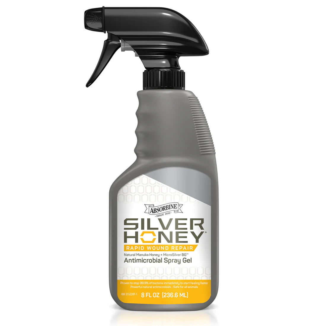 Front view of an 8 oz bottle of Silver Honey Rapid Wound Repair Spray Gel on a white background