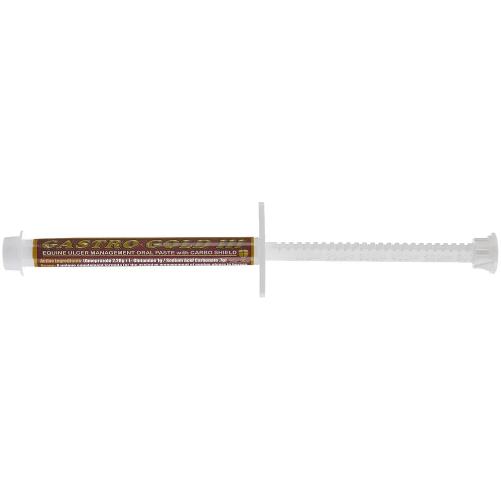 Front view of a tube of Gastro Gold III w/ Carbo Shield on a white background