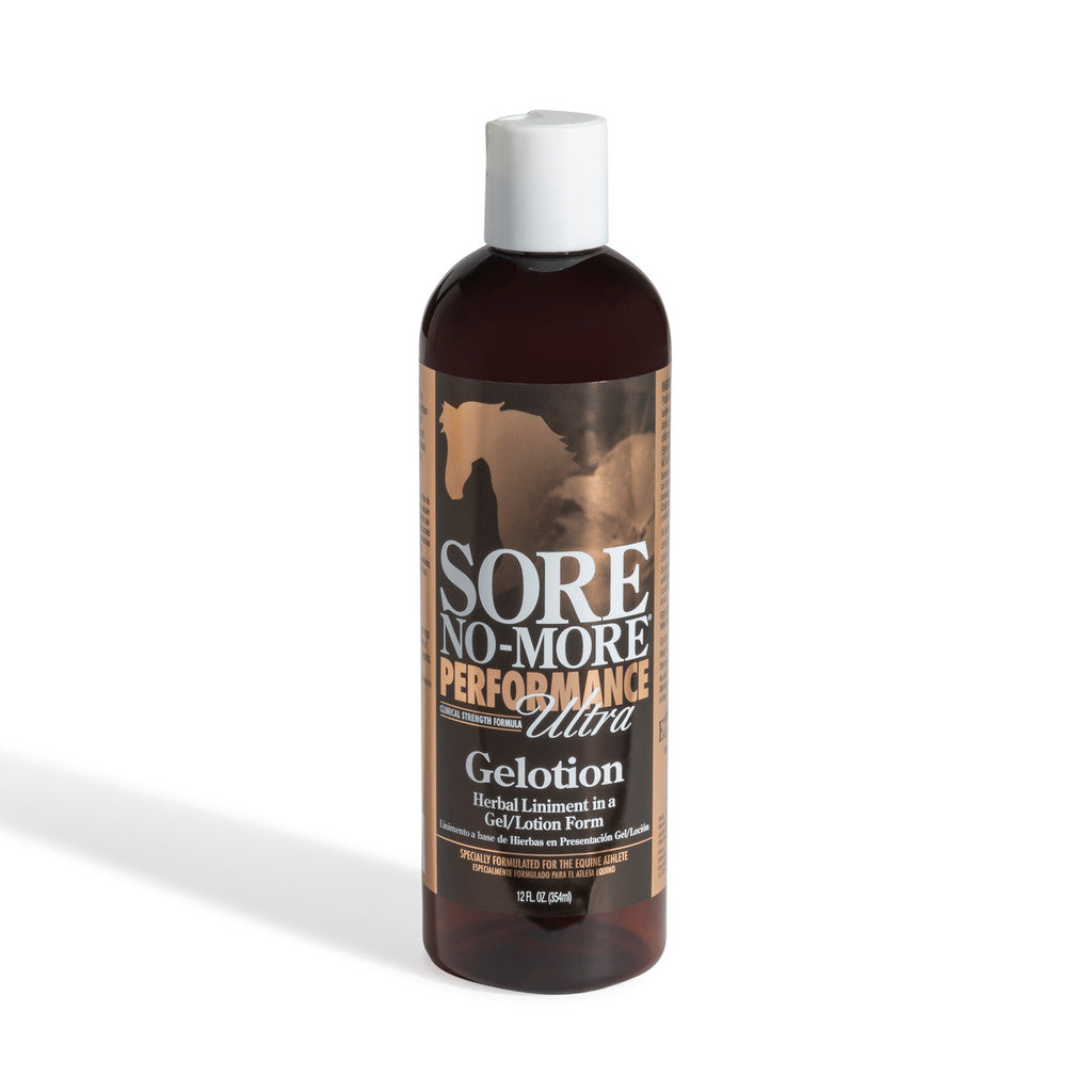 Front view of a 12 oz bottle of Sore No-More Ultra Performance Gelotion on a white background