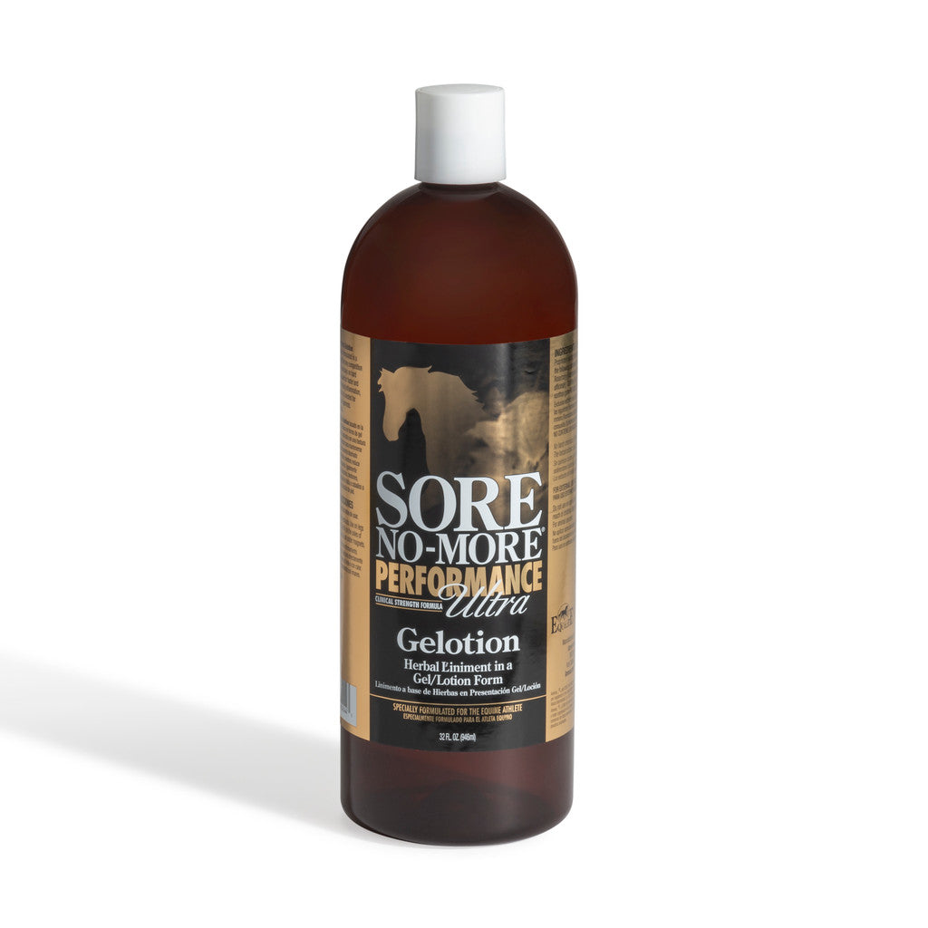 Front view of a 32 oz bottle of Sore No-More Ultra Performance Gelotion on a white background